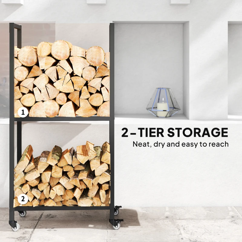 Outsunny Wewnętrzny Stojak na Drewno Kominkowe ze Stali 60 x 30 x 119cm Dwupoziomowy, na Kołach, Podniesiony, Czarny