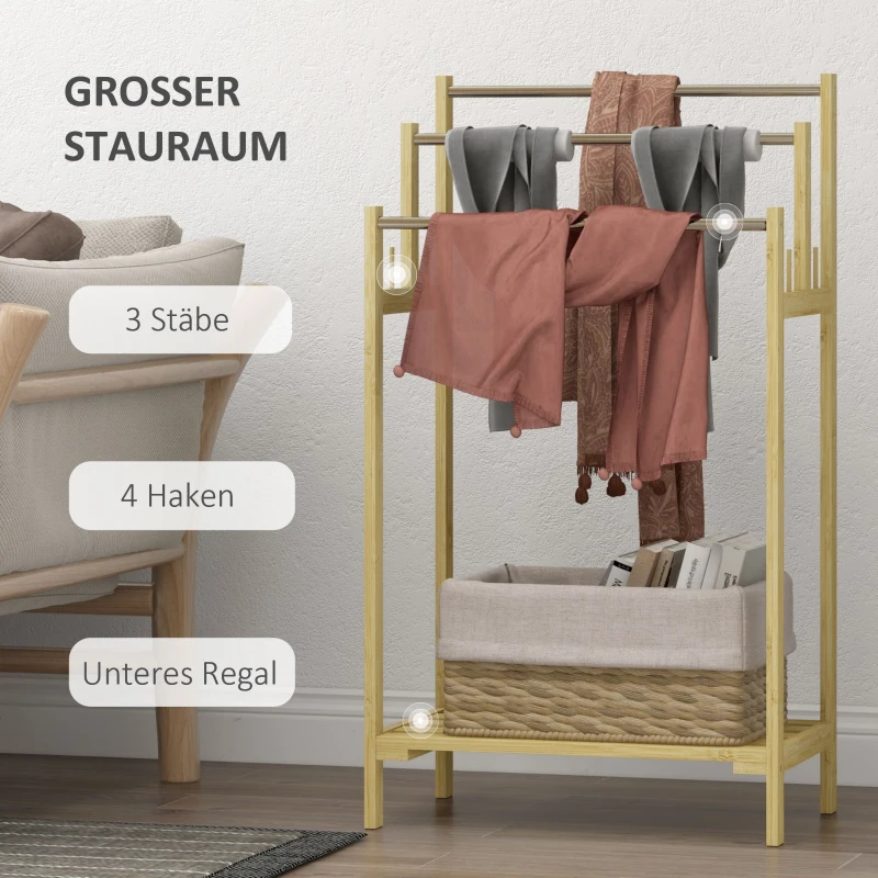 Wolnostojący wieszak na ręczniki, 4 haki, 3 pręty, naturalny