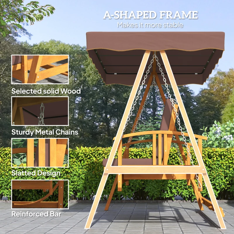 Outsunny Hollywoodschommel met zonnekap echt houten tuinschommel Schommelbank Schommel met ligfunctie van larikshout voor 3 personen