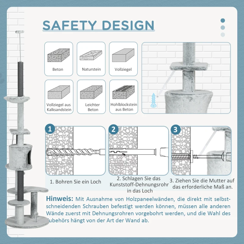 PawHut Drapak dla Kotów Sufitowy, Wysokość 225-255 cm, z Kocim Domkiem, Słupkami, Koszem, Piłką, Meble dla Kotów z Zabezpieczeniem, Szary