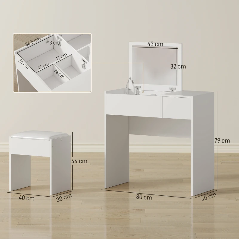 HOMCOM Makeup Desk with Drawer, Vanity Table Set with Flip-up Mirror and Cushioned Stool, White