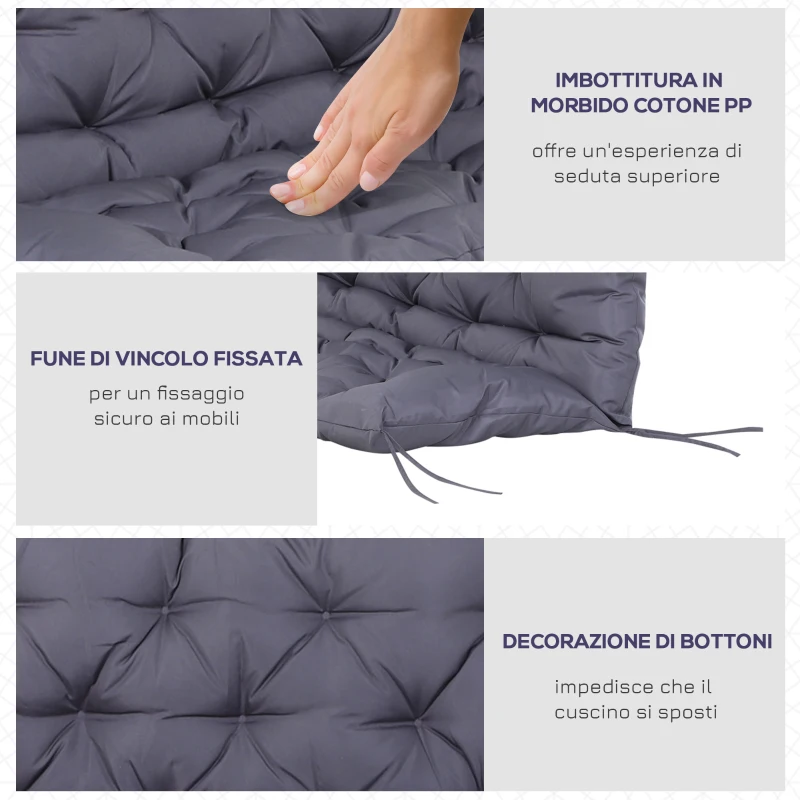 Outsunny Cuscino da Giardino 2 Posti per Sedute da Esterno con Schienale e 6 Lacci, Cuscino da Esterno Imbottito in Cotone e Poliestere, per Divani Dondoli Panche, 132x110x10 cm, Grigio Scuro