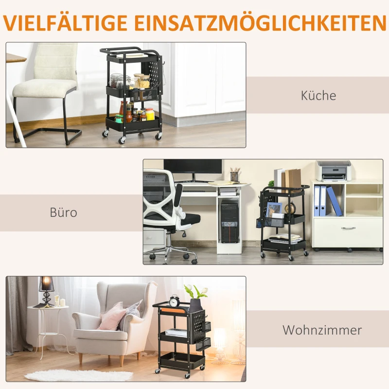 HOMCOM trolley 3-laagse keukenwagen met lades en mand voor keuken kantoor opbergwagen serveerwagen keukenplank met wielen slaapkamer woonkamer staal wit 51,5 x 32 x 75,6 cm