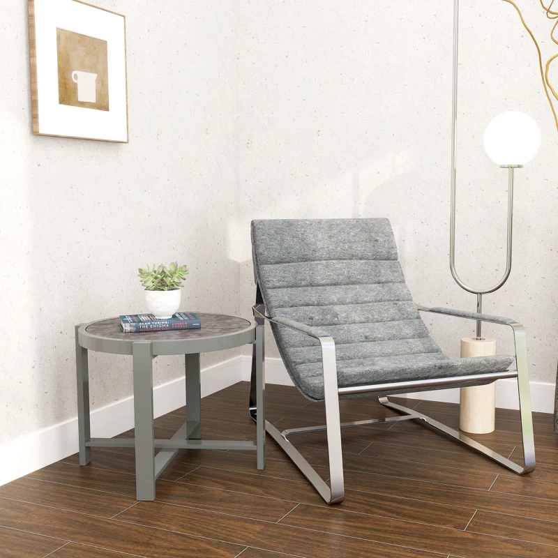 Outsunny Round Small Garden Table, 60cm Outdoor Side Table with Faux Marble Tempered Glass Top, Aluminium Frame for Garden, Patio, Balcony, Grey