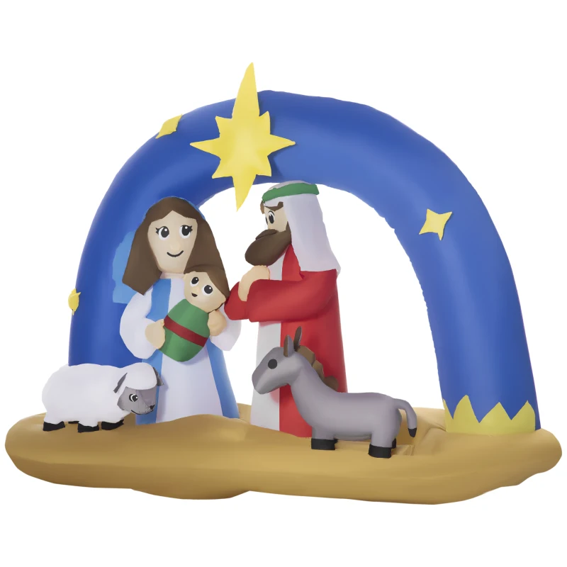 HOMCOM Nadmuchiwana Szopka Bożonarodzeniowa z Bramą Narodzenia Jezusa 1,57 m Dekoracja z LED Nadmuchiwana Szopka Bożonarodzeniowa z Torbą na wodę z poliestru Niebieski+Brązowy