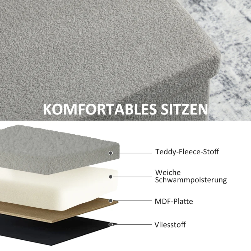 HOMCOM Ławka z miejscem do przechowywania, składana, tapicerowana ławka z wyglądem aksamitu, skrzynia, ławka do sypialni salonu przedpokoju 76 x 38 x 38 cm, Jasnoszary