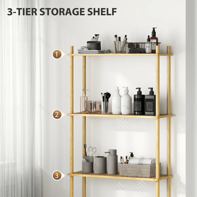 Półka nad toaletą HOMCOM o 3 poziomach, oszczędzająca miejsce, wielofunkcyjna, z bambusa, styl wiejski, naturalne drewno