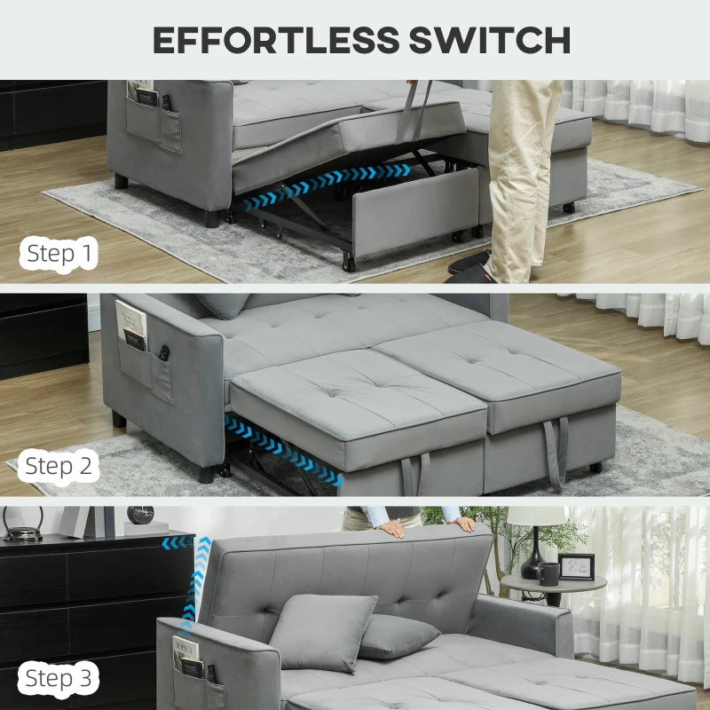 Sofa rozkładane 2-osobowe, welurowe, szare, z poduszkami