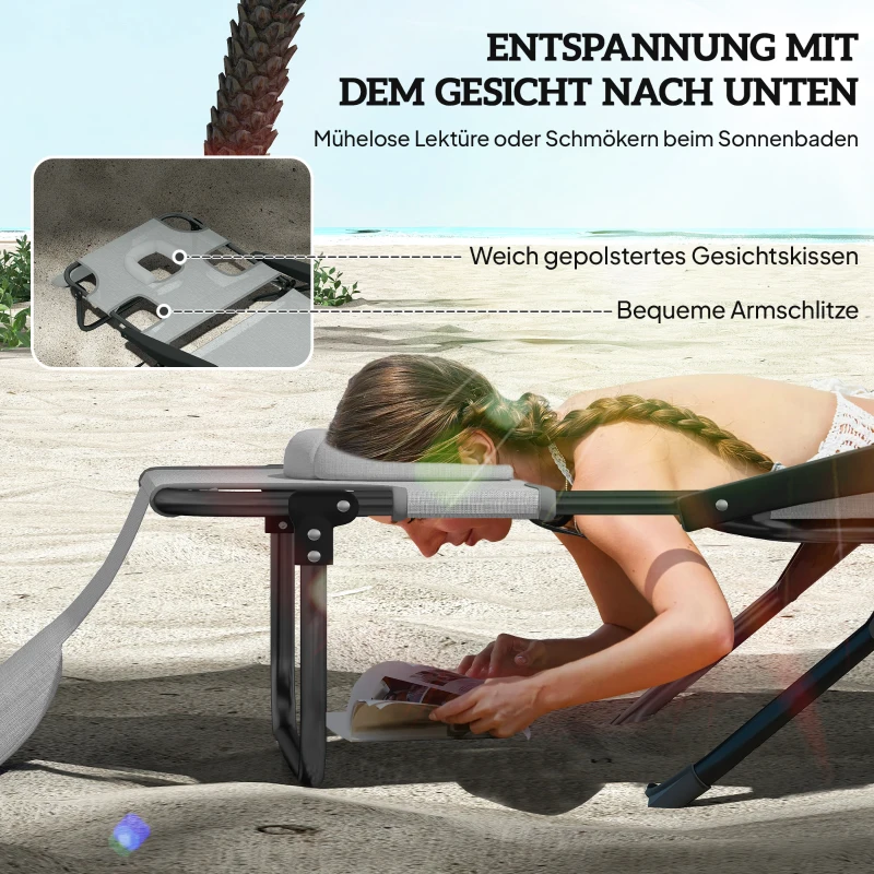 Outsunny Leżak słoneczny, leżanka ogrodowa z poduszką, fotel plażowy z regulowanym oparciem, podłokietnikiem, leżanka relaksacyjna do ogrodu, balkonu, siatka, ciemnoszary