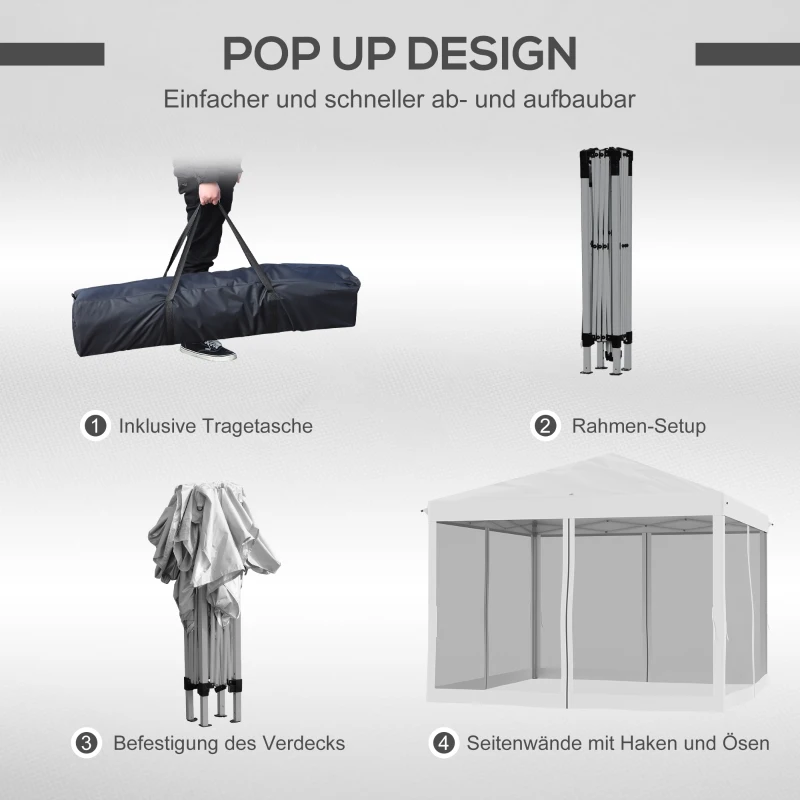 Outsunny partytent paviljoen vouwtent met zijwanden incl. draagtas, metaal + Oxford, wit, 3 x 3 x 2,55 m