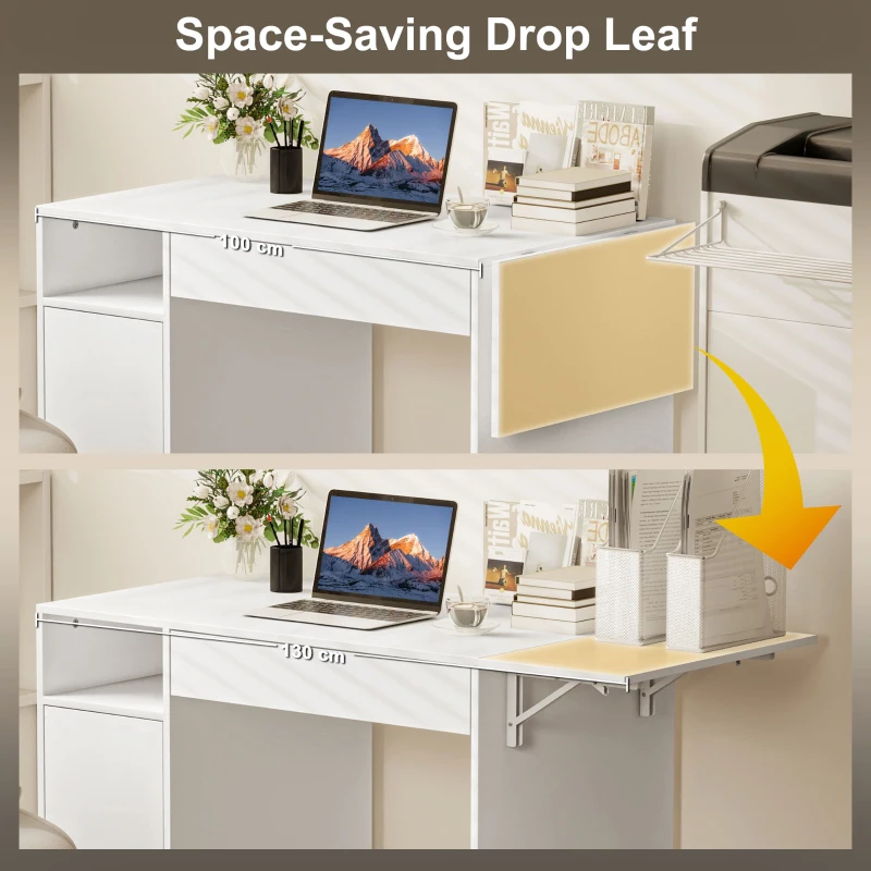 HOMCOM Biurko komputerowe na kółkach, składany stół z szafką i szufladą, Białe