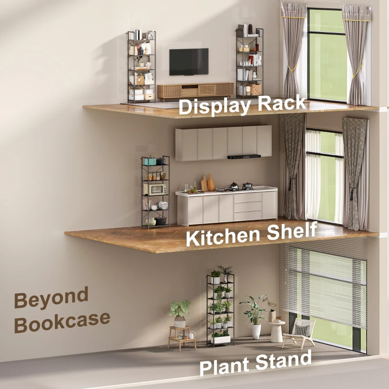 Regał na książki HOMCOM, 5-piętrowy, industrialny regał biurowy z metalową ramą, otwarty regał magazynowy do salonu, biura, pokoju pracy, 60x30x170,5 cm, Czarny