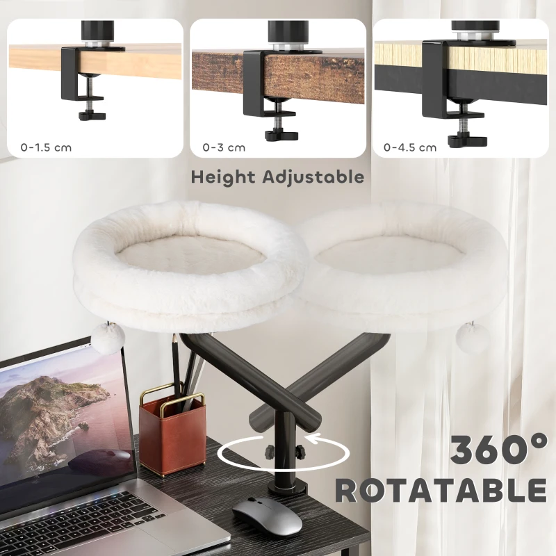 Łóżko biurkowe dla kota PawHut z obrotowym mechanizmem o 360°, regulowaną wysokością, leżanką z możliwością prania w pralce, dla kotów do 6 kg, kremowy