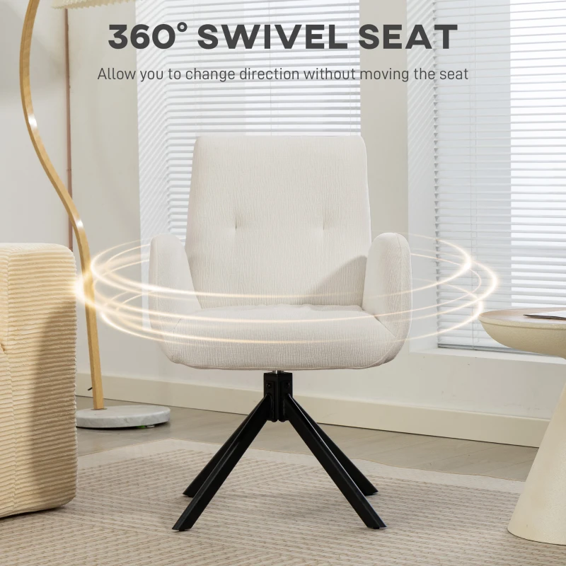 Fotel HOMCOM Obrotowy, Lounge z Podłokietnikami, Wełniano-Lniany, Nowoczesny, Tapicerowany z Pikowaniem, Nogi Stalowe, do Salonu, Sypialni, Kremowy