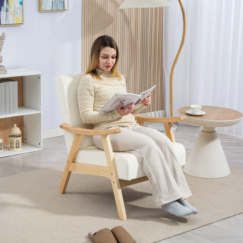 HOMCOM Nordic Accent Chair, Upholstered Velvet Armchair with Solid Wood Frame and Soft Thick Padded for Living Room, Bedroom, Cream White