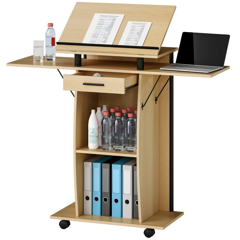 HOMCOM Podium Stand with Tilting Desktop and Drop Leaves, Mobile Laptop Desk with Drawer and Storage Shelves for Classroom, Home Office, Meeting Room, Oak