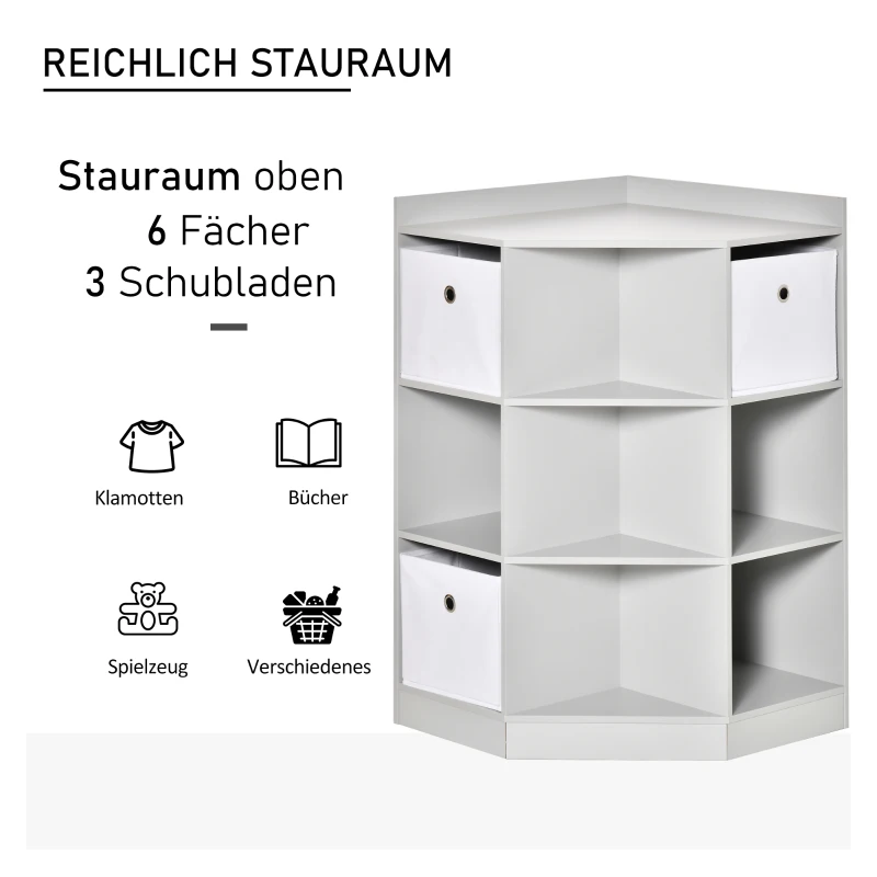 HOMCOM Regał narożny dla dzieci z 3 szufladami do przechowywania zabawek dla dzieci 3-12 lat Szary 57,4 x 57,4 x 94 cm