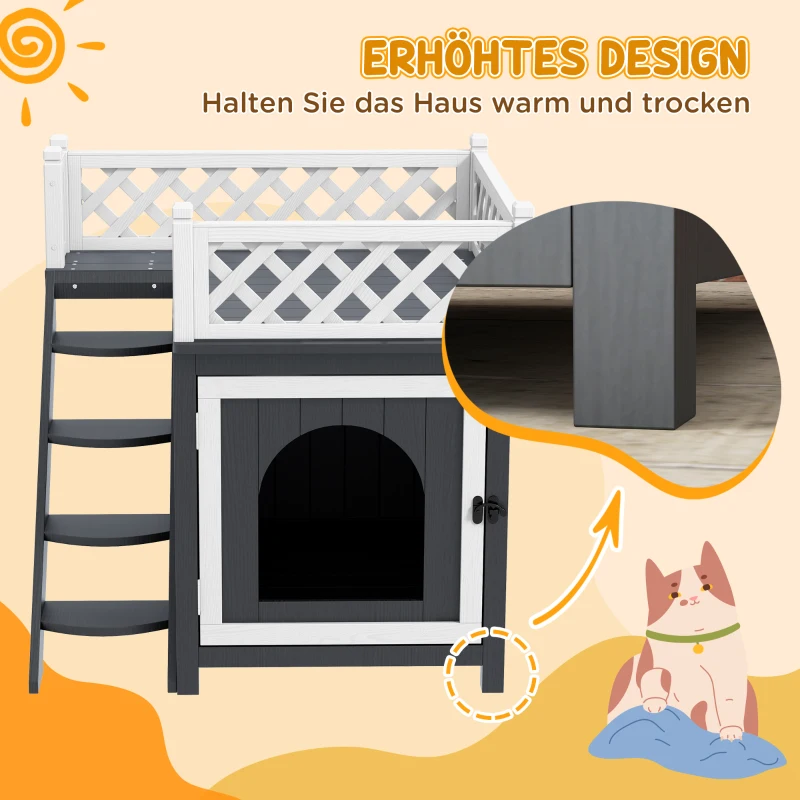 PawHut Wooden Cat House, Two-Floor Cat Shelter with Balcony, Stairs, Indoor Outdoor Small Pet Condo for Rabbits, Cats, Grey