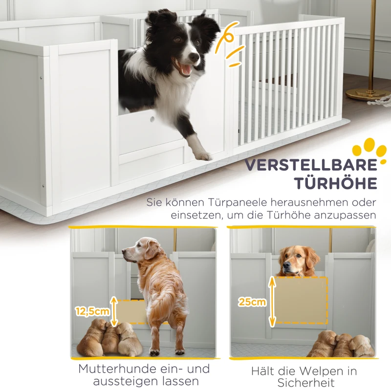 PawHut Klatka dla Szczeniąt z Wodoodporną Podkładką, Regulowanymi Drzwiami, Wybieg dla Szczeniąt od Małych do Dużych Ras, 160 x 80 x 50 cm, Biały