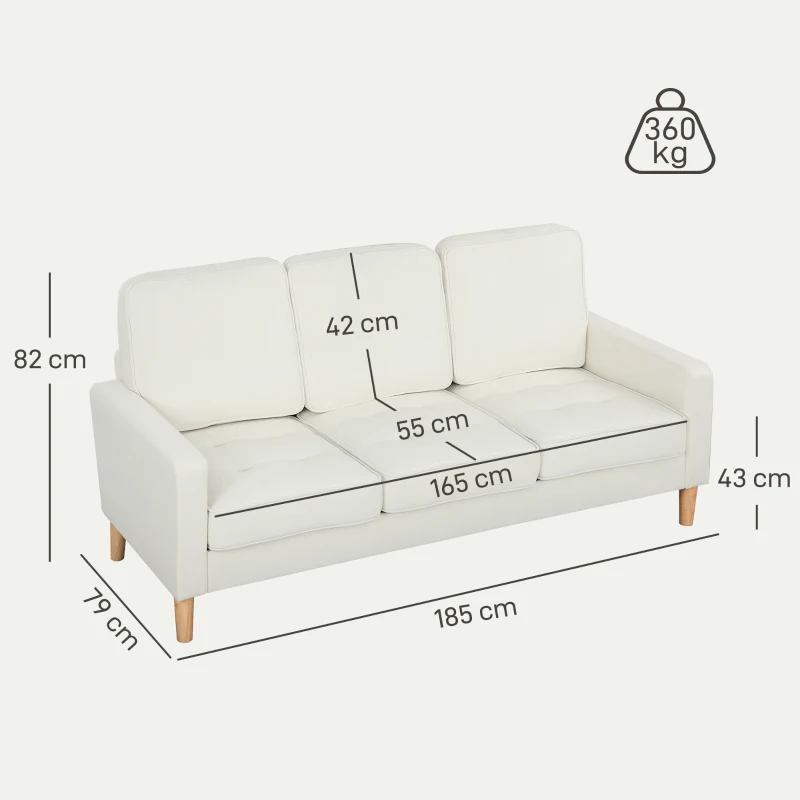 HOMCOM Three Seater Sofa with Thick Cushions, Couch with Rubber Wood Legs, Easy Assembly, for Living Room, Office, Bedroom, Cream White