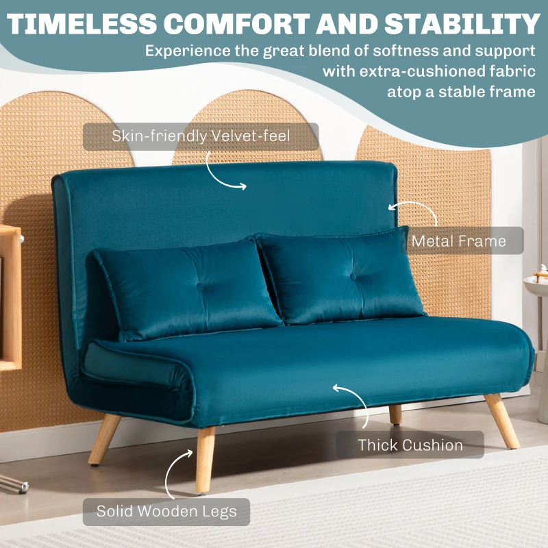 HOMCOM 2 Seater Sofa Bed, Click Clack Convertible Bed Settee with Adjustable Backrest, Modern Velvet Feel Fabric Sofa Couch with Pillows for Living Room, Bedroom, Guest Room, Dark Green