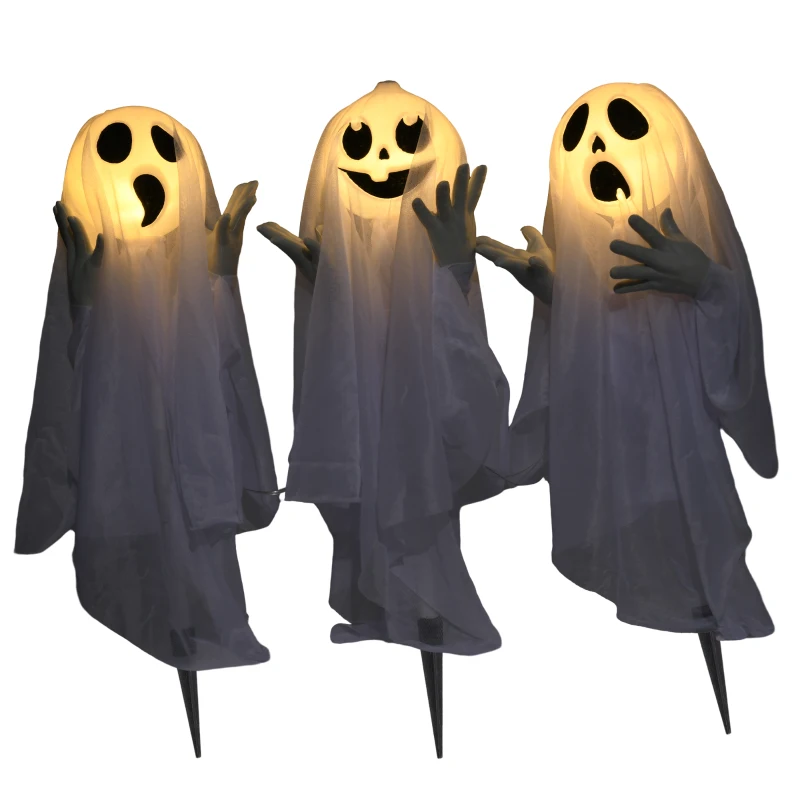 HOMCOM 60cm 23.6" Ghost Stakes Halloween Decorations, Halloween Props with Light Up Heads, for Haunted House Indoor Outdoor Decor