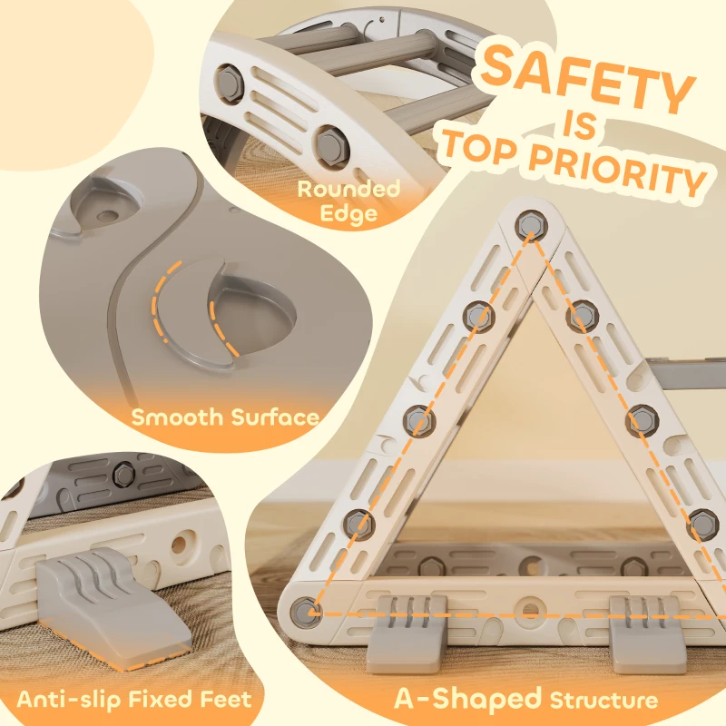 AIYAPLAY Drabinki Kryte, 5 w 1 Trójkąt do wspinaczki z zjeżdżalnią, Łuk, w zestawie dwustronna rampa, Plac zabaw kryty dla dzieci 18-48 miesięcy, Szary+Biały