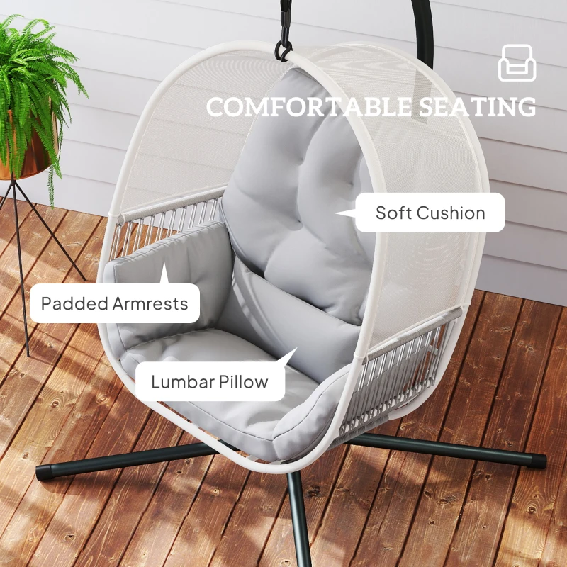 Outsunny Hanging Egg Chair Outdoor Indoor, Swing Hammock Chair with Stand, Cushions, Lumbar Pillow, Adjustable Height and Steel Frame for Garden Patio Lounge Porch, Light Grey
