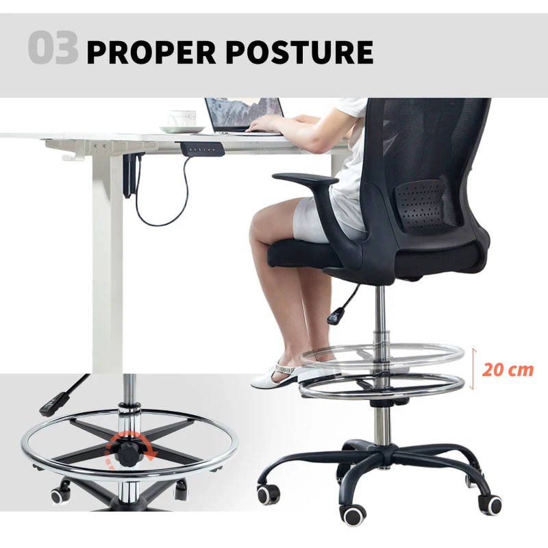 HOMCOM Krzesło biurowe z regulowanym pierścieniem na nogi, wsparcie lędźwiowe, regulowane krzesło obrotowe z wysuwanymi podłokietnikami, krzesło z siatką, Czarne