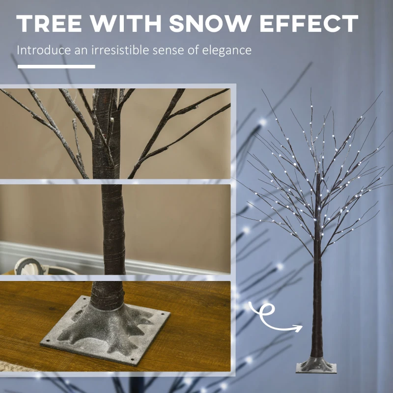 Sztuczne drzewko brzozowe 150 cm z 96 LED, śnieg, brązowe