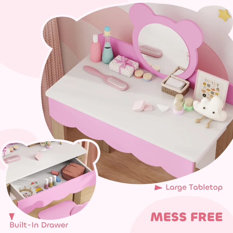 AIYAPLAY Two-Piece Kids Vanity Table Set with Mirror and Stool, Bear-Shaped Makeup Dressing Table Set with Drawer for Toddlers Ages 3-8 Years, Pink