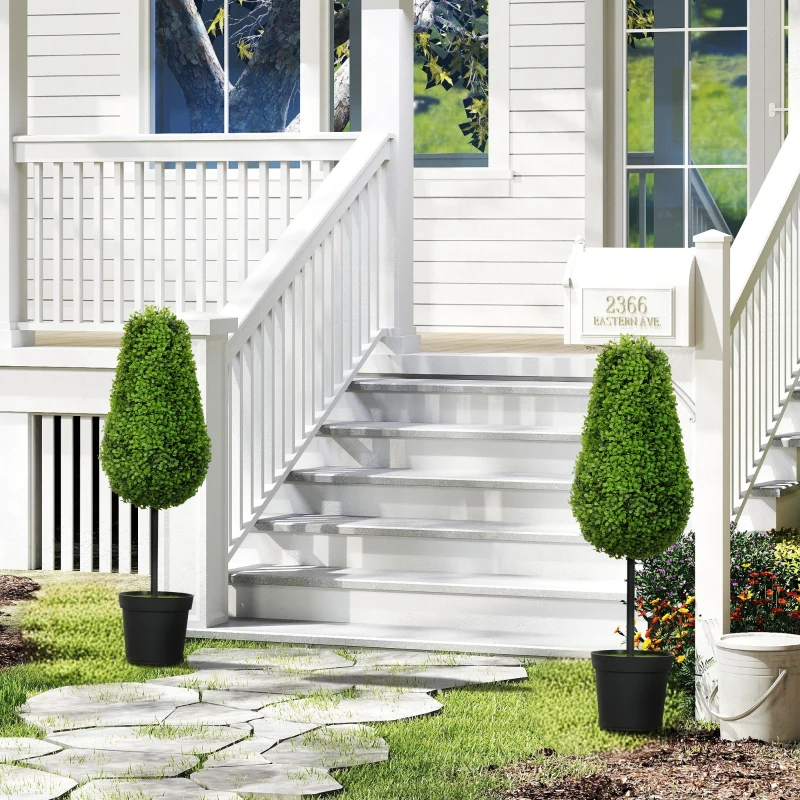 HOMCOM Set of 2 Decorative Artificial Plants, 90cm UV Resistant Faux Teardrop-Shaped Plant with Plastic Pot and Flocking, Fake Trees for Indoor Outdoor Decor, Green