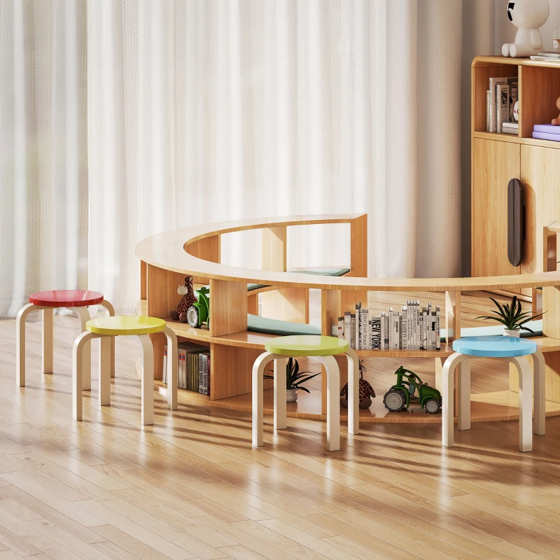 HOMCOM 4-Piece Stacking Stools, Colourful Round Wooden Stools for Home Office, Dining Room, Blue, Yellow, Red, Green