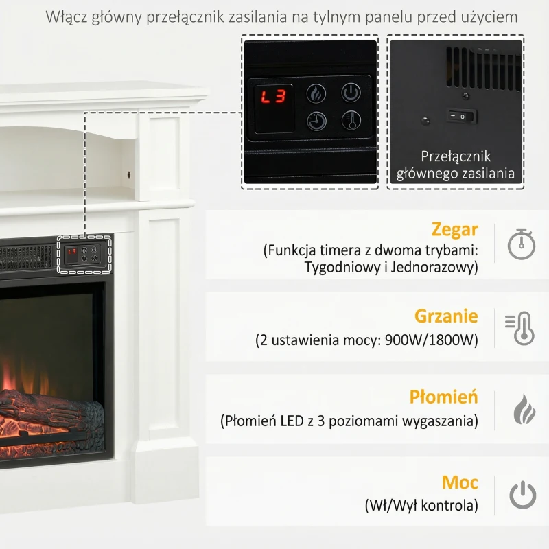Kominek elektryczny 1800 W, efekt 3D, biały, z ogrzewaniem