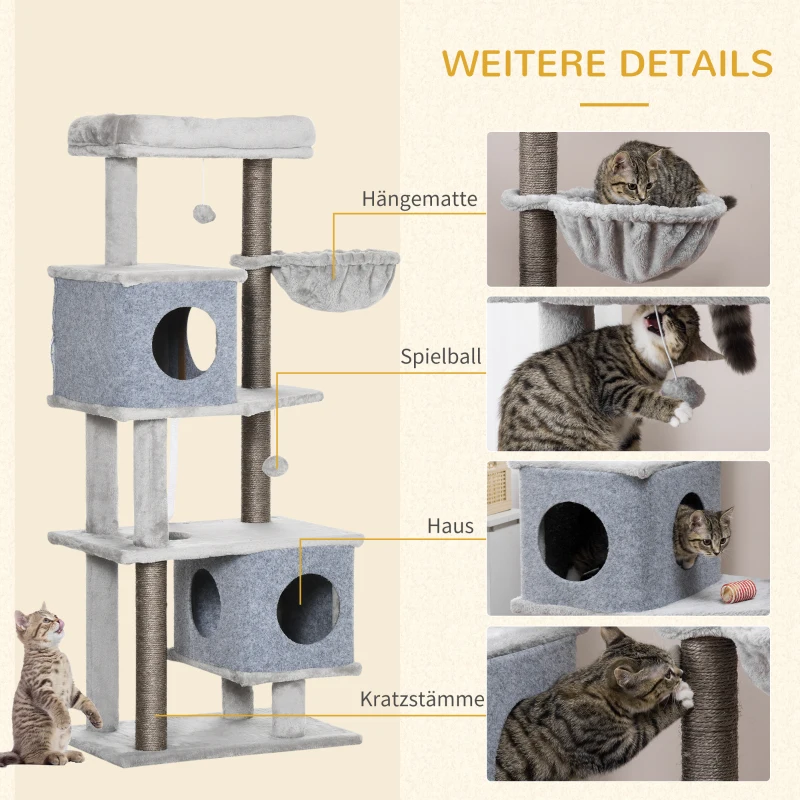 PawHut Drapak 142W cm Drzewo dla Kotów z 4 Poziomami, Domkiem dla Kotów, Platformami, Kulą do Zabawy, Drapakiem z Sisalem, Zabezpieczeniem Przed Przewróceniem, Plusz Szary