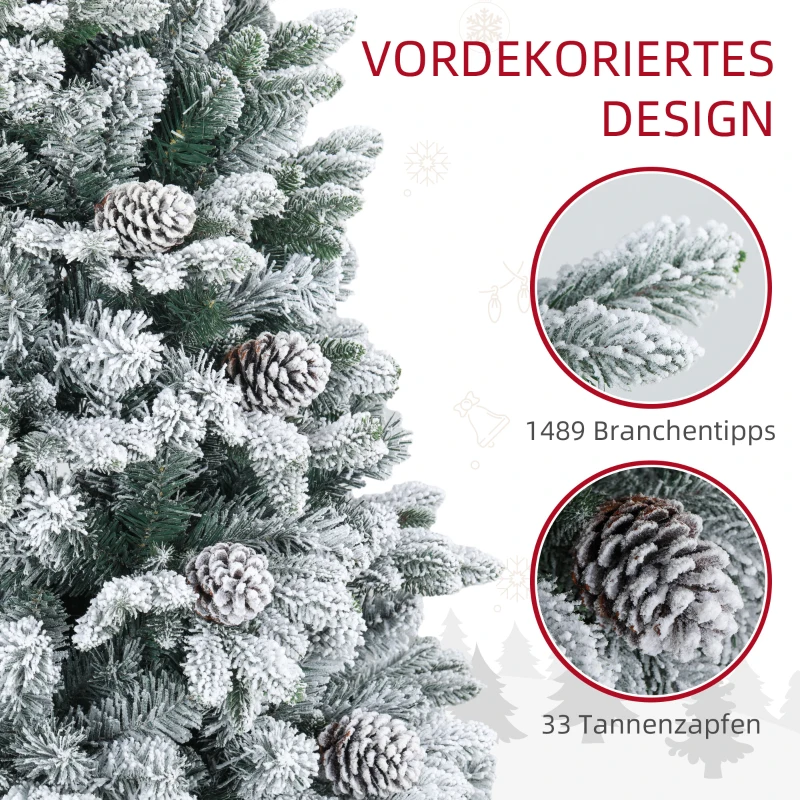 HOMCOM 6ft Artificial Flocked Christmas Tree with 1489 Snow Tips, Pinecones, Metal Stand, Hinged Xmas Tree for Home Office Holiday, Green