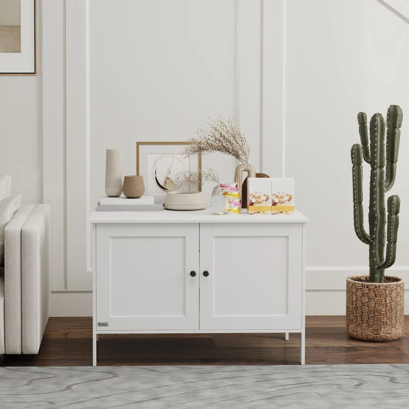 PawHut Cat Litter Box Enclosure, Elevated Design Litter Box Furniture with Double Doors and Side Entrance, Indoor Kitty House Hidden Washroom Toilet for Living Room, White