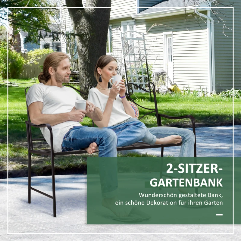 Outsunny Ławka ogrodowa z metalu, 2-osobowa Ławka parkowa z oparciem, podłokietnikiem, ławka z mozaikowymi kamieniami do ogrodu, na balkon, max. 220 kg, Brązowy, 121 x 52 x 93 cm