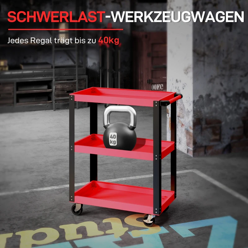 HOMCOM Heavy Duty Tool Trolley, 120kg Capacity 3-Tier Tool Trolley on Wheels with Lockable Casters and Handle, Utility Service Cart for Garage and Workshop, Red