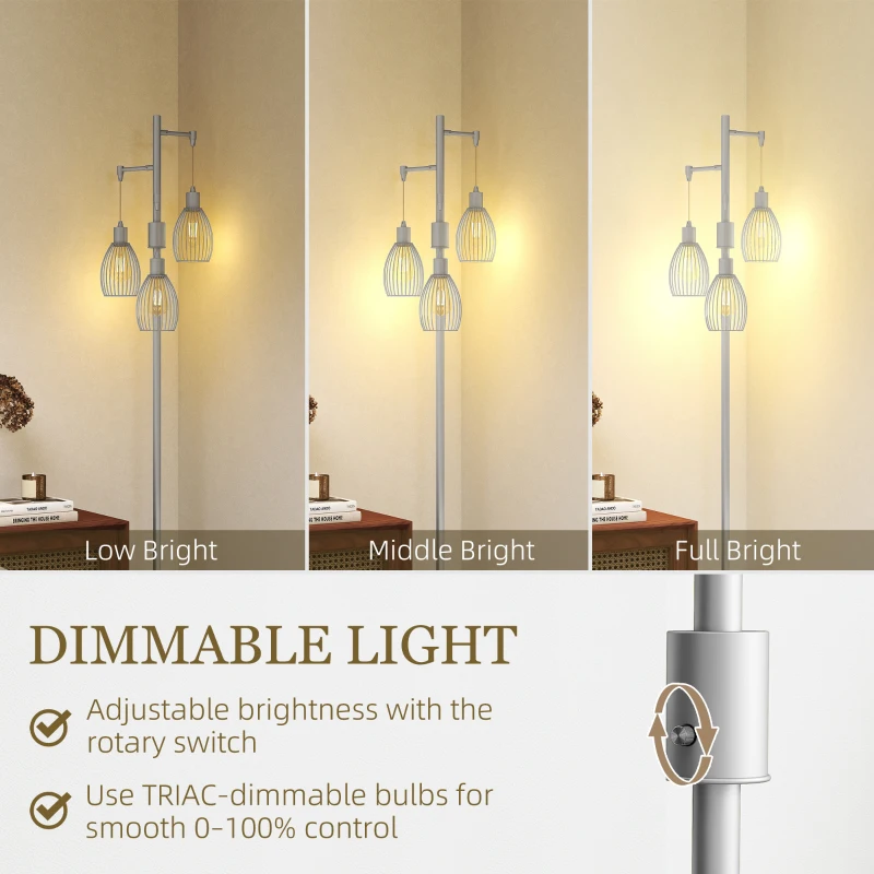 HOMCOM 3-Light Floor Lamp, 170cm Industrial Dimmable Standing Lamp with Steel Wire Cage Lampshades for Living Room, Bedroom, Dining Room, Study, Bulb Not Included, Silver Tone