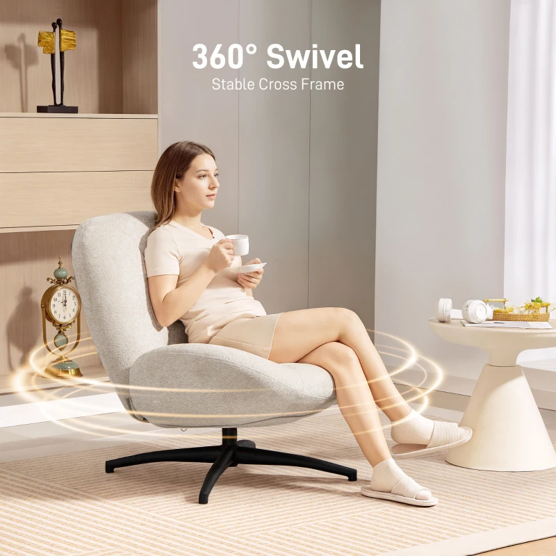 Fotel HOMCOM, Obrotowy o 360°, Lounge z Szerokim Siedziskiem, Zintegrowane Podłokietniki, Gruba Tapicerka, Fotel Relaksacyjny z Chenille, z Krzyżującymi się Nogami ze Stali, do Salonu, Kremowy