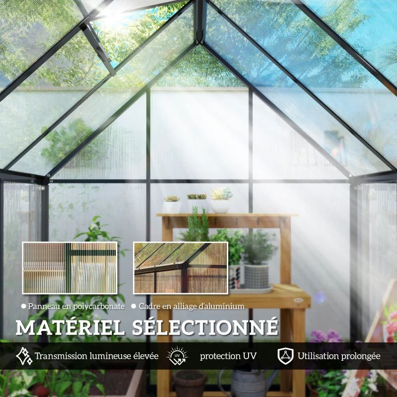 Outsunny Serre de jardin en aluminium polycarbonate, serre avec fenêtre réglable porte battante résistant intempéries transparent