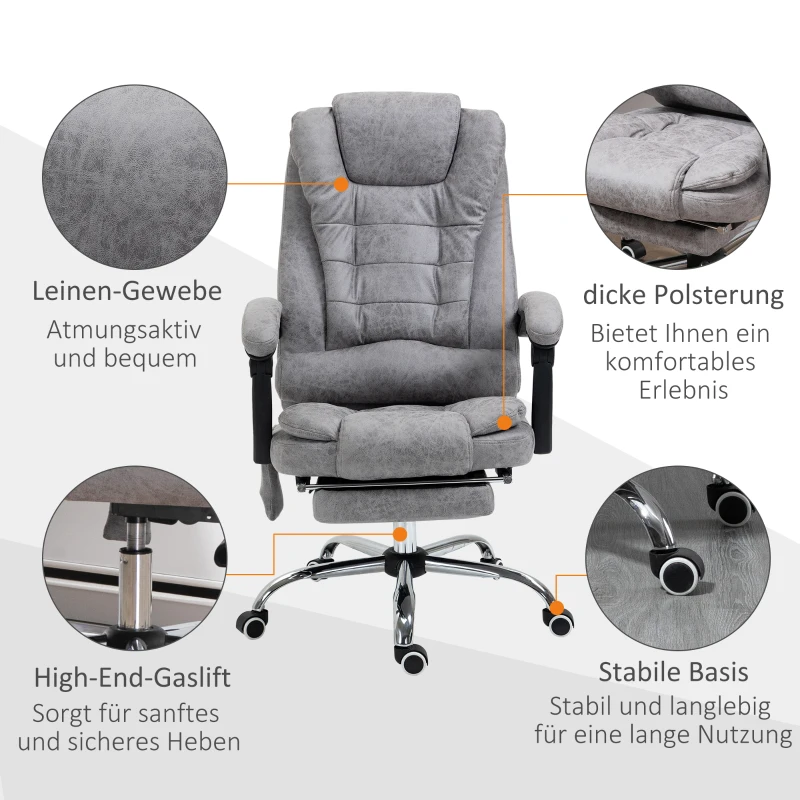 Vinsetto Fotel Biurowy z Masażem, Ergonomiczny Fotel do Biurka z Funkcją Leżenia i Ogrzewania, Regulowany Fotel Komputerowy z Podnóżkiem, Kieszenią Boczną i Pilotem, Brązowy