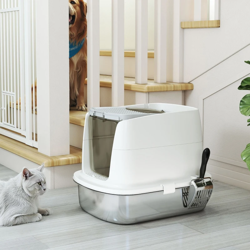 PawHut Stainless Steel Litter Box with Lid, Large Hooded Cat Litter Tray with Front-Entry and Top-Exit, Scoop, Deodoriser Bag, Non-Sticky, Odour Control and Easy Clean, White