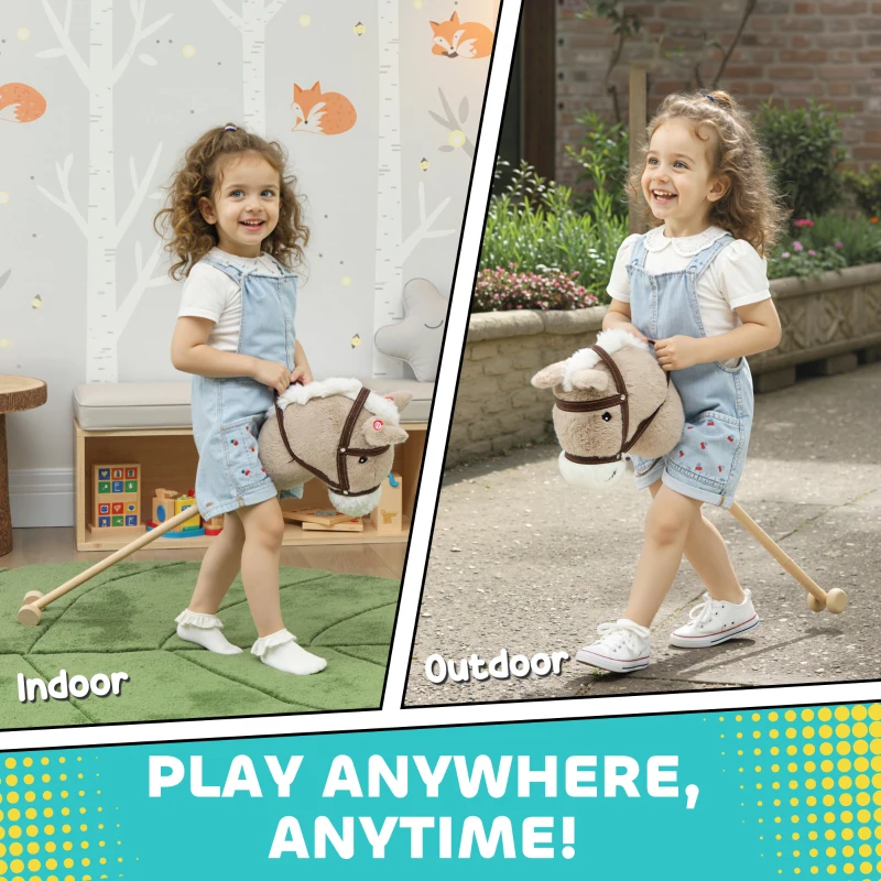 Konik na biegunach AIYAPLAY dla dzieci z dźwiękiem, kołami, drewnianym drążkiem, idealny na imprezy cosplay, dla dzieci 24+ miesięcy, szary