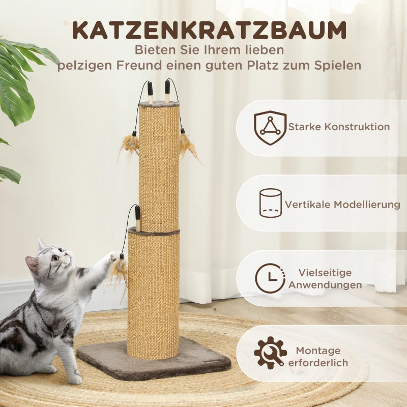PawHut 2 in 1 Cat Scratching Post, 78cm Tall Cat Scratch Post with 3 Toy Feathers, Cat Scratcher Post for Indoor Cats and Kittens, Brown