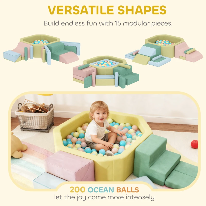 AIYAPLAY Zestaw Miękkich Klocków dla Dzieci 15-elementowy, z Basenem z Piłkami, 200 Piłek, Duże Klocki Wspinaczkowe z Wyglądem Aksamitu, Wielokolorowy