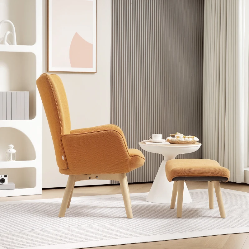 Fotel z podnóżkiem, wysoki oparcie, drewniane nogi, brązowy