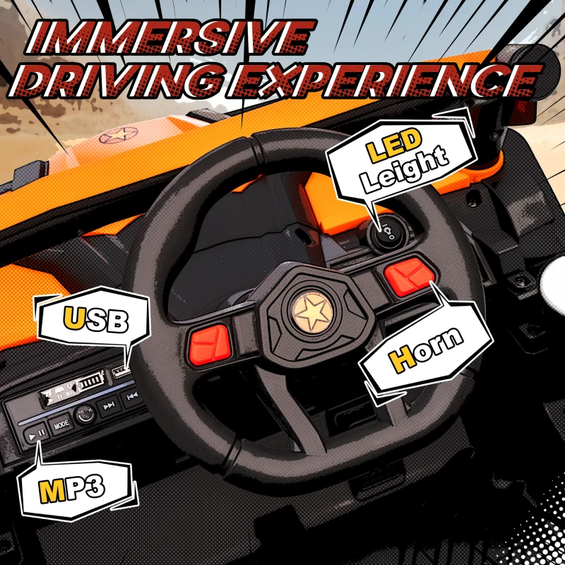 AIYAPLAY Samochód elektryczny dla dzieci 12V UTV z pilotem 2,4 GHz, 2 silniki, pojazd dla dzieci z łagodnym startem, systemem zawieszenia, światłami LED, muzyką, portem USB, 3-5 lat, pomarańczowy