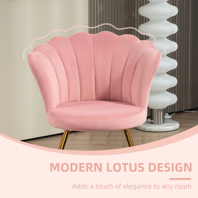 HOMCOM Modern Armchair, Velvet Accent Chair with Lotus Backrest, Steel Legs for Living Room, Bedroom, Pink
